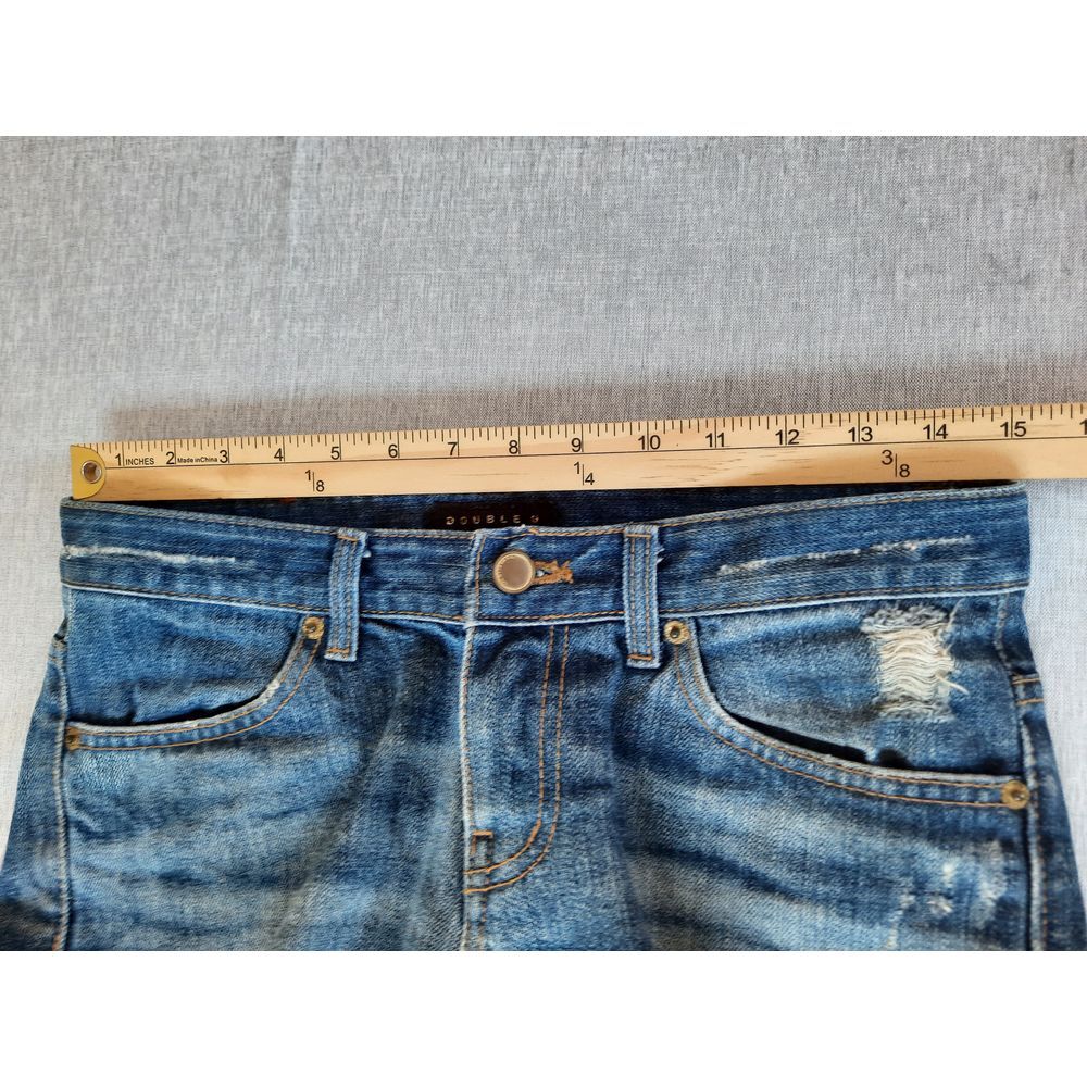Double U Women Small Thigh Whisker Distress Ripped Blue Jeans Art Logo Cotton - Picture 4 of 8